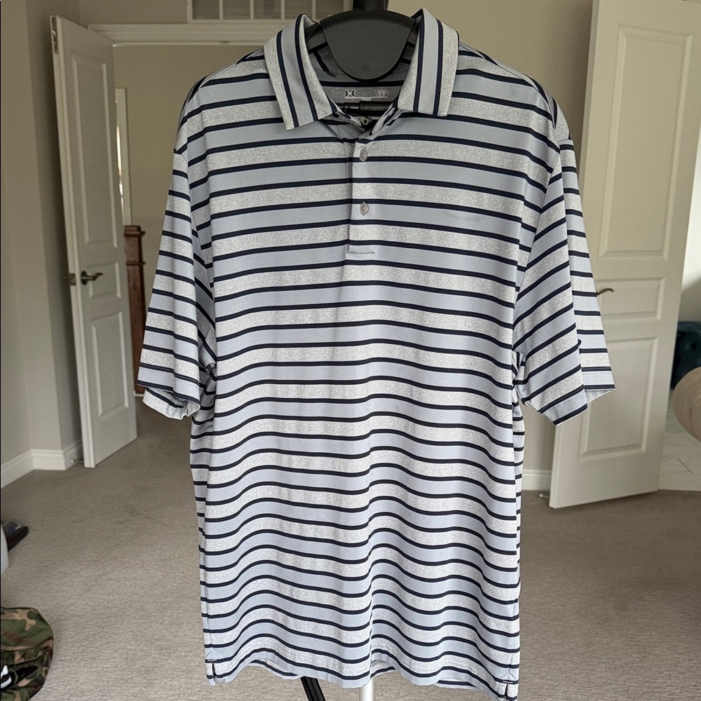 Men's White and Navy Striped Polo Shirt - Classic Short Sleeve Under Armor